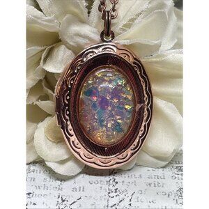 Rose Gold Brass Harlequin Opal Birthday Gift Locket Necklace Pendant Wedding